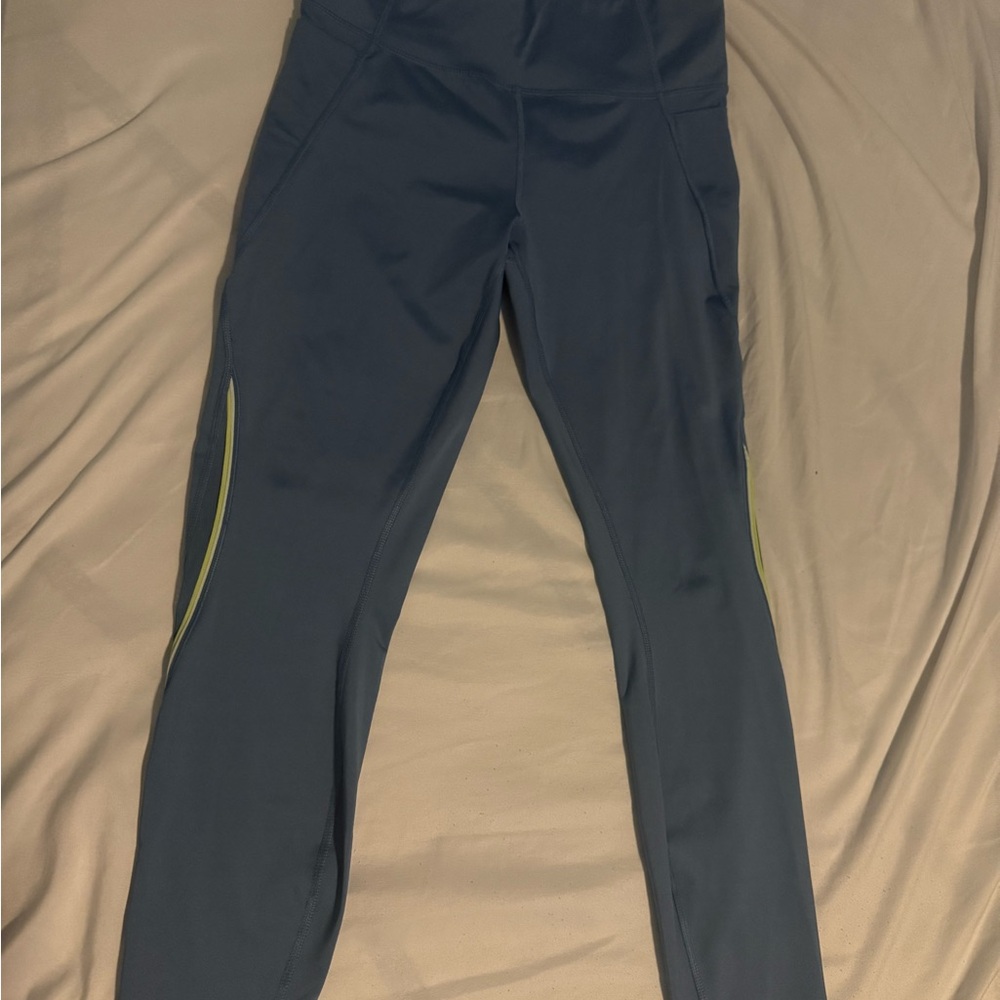 Blue Athletic Leggings with Yellow Accents